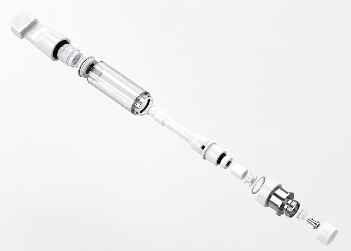 Exploded view of the PROXY Zirconia cartridge, seven-component assembly