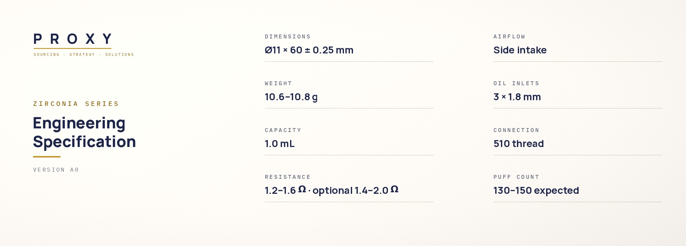 PROXY engineering specification excerpt for the Zirconia Series: dimensions with tolerance, weight, capacity, resistance, airflow, oil inlets, connection, puff count