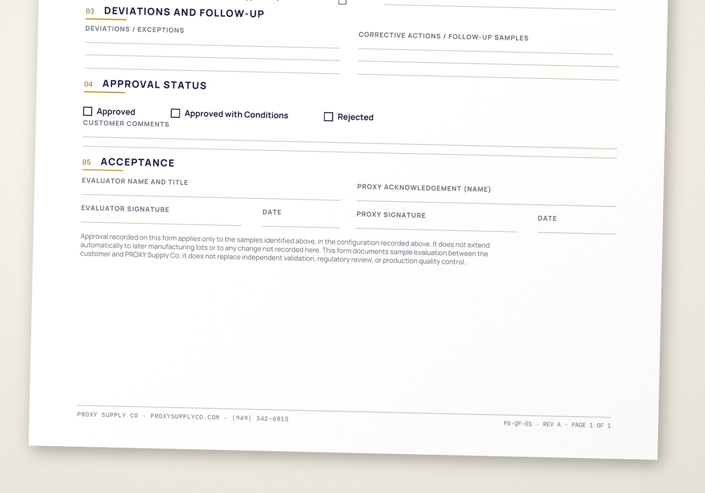 PROXY Sample Approval Form PX-QF-01, unsigned, photographed as a physical sheet — approval status and acceptance sections visible